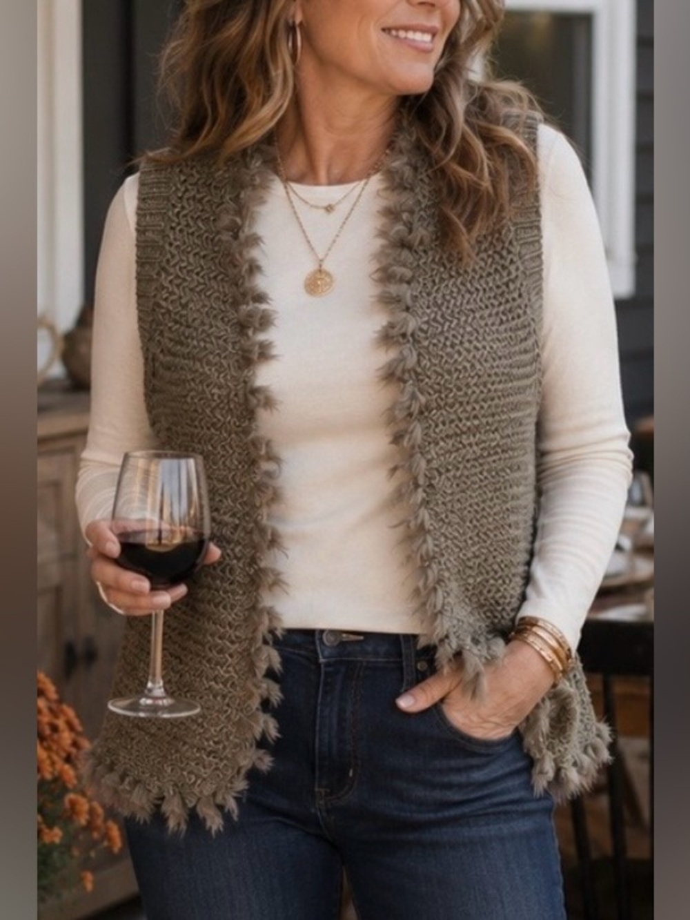 Chico's Taupe Metallic Knit Faux-Fur Trim Cardigan Vest EUC